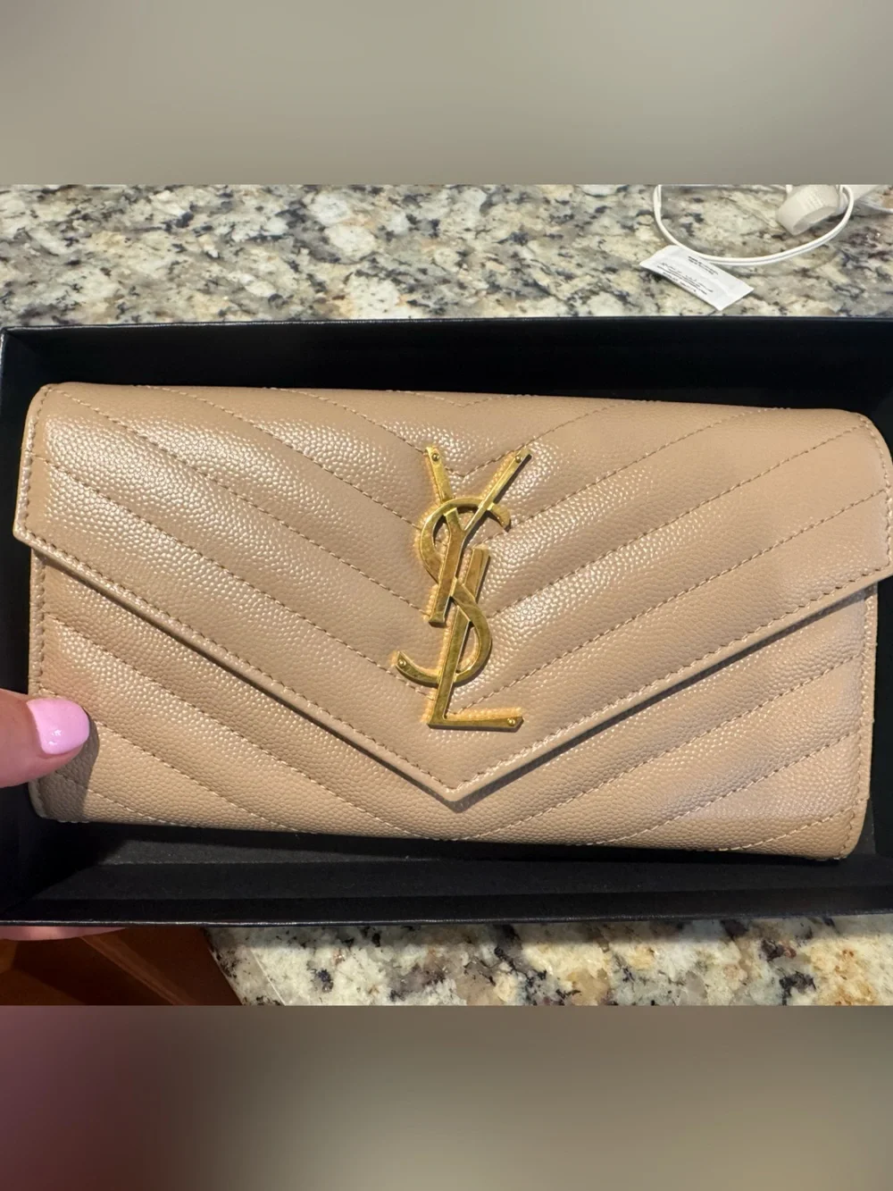 Saint Laurent Beige Quilted Leather Envelope Clutch with Gold YSL Monogram